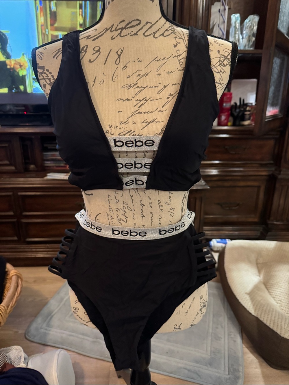 bebe Black Logo-Band Two-Piece Swimsuit Set m-l
